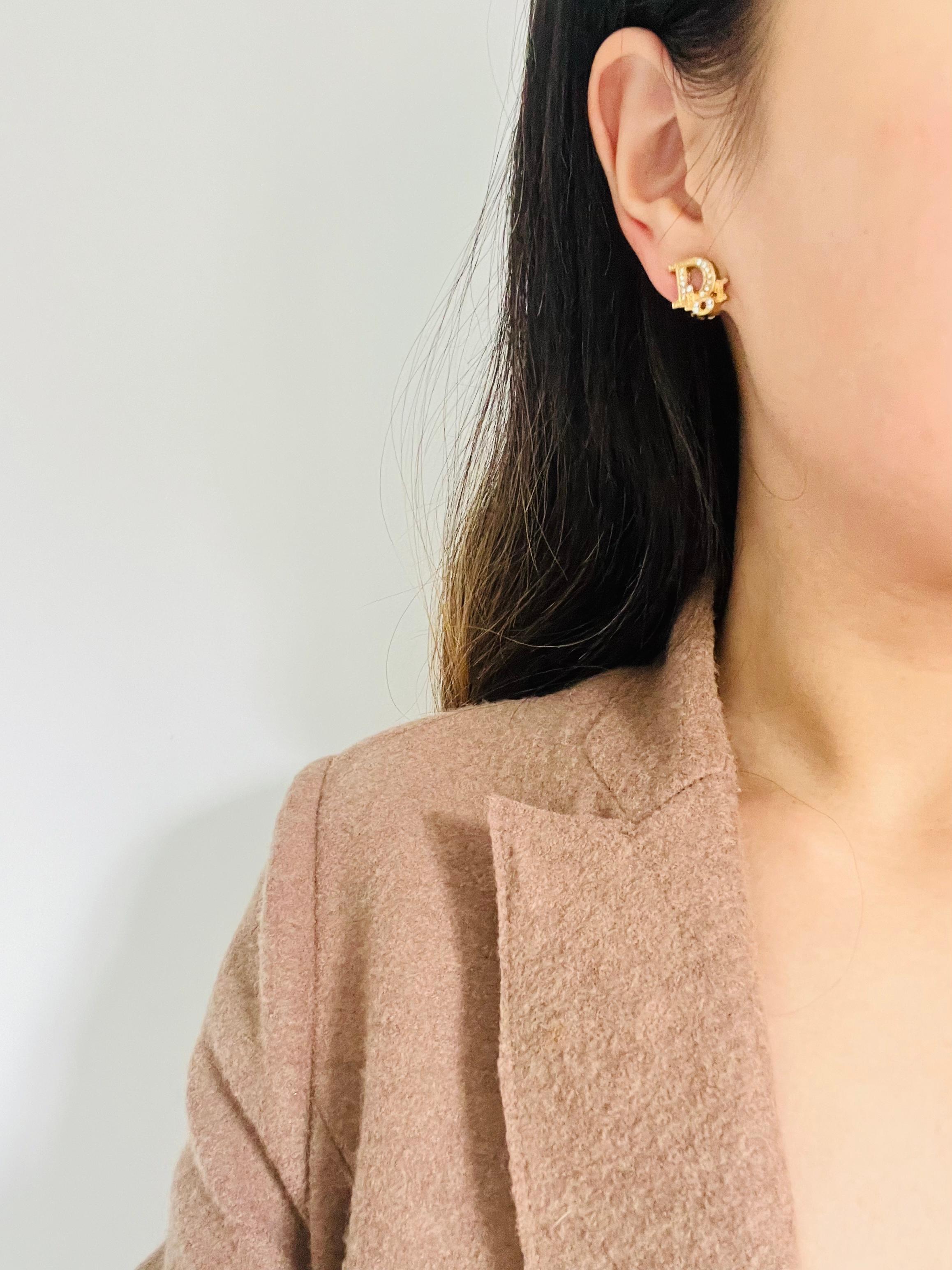 Christian Dior Vintage 1980s Oblique Monogram Logo Crystals Gold Clip Earrings 3