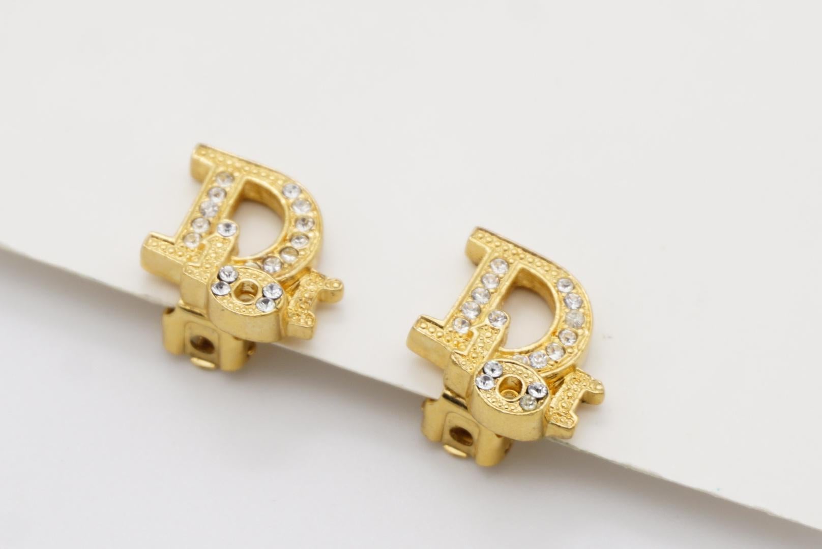 Christian Dior Vintage 1980s Oblique Monogram Logo Crystals Gold Clip Earrings 4
