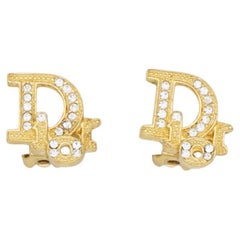 Christian Dior Vintage 1980s Oblique Monogram Logo Crystals Gold Clip Earrings