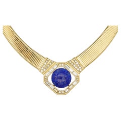 Christian Dior Vintage 1980s Octagon Crystals Lapis Navy Foil Omega Necklace