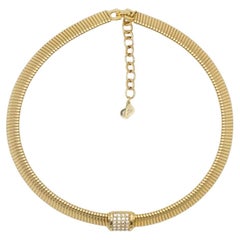 Christian Dior Vintage 1980s Omega Collar Shining Crystals Square Gold Necklace