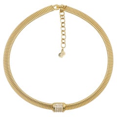 Christian Dior Vintage 1980s Omega Collar Shining Crystals Square Gold Necklace