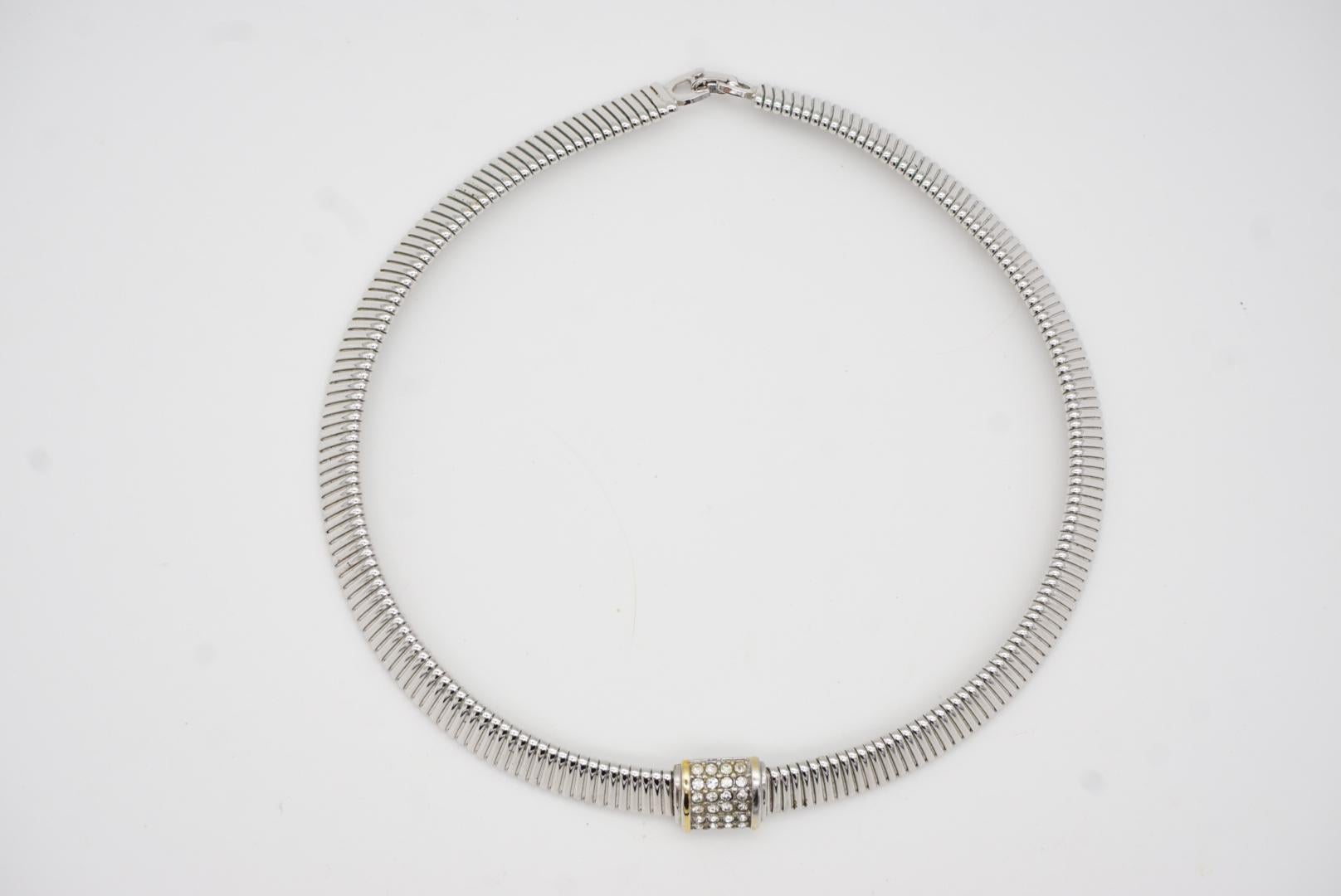 Christian Dior Vintage 1980s Omega Collar Square White Crystals Silver Necklace For Sale 5