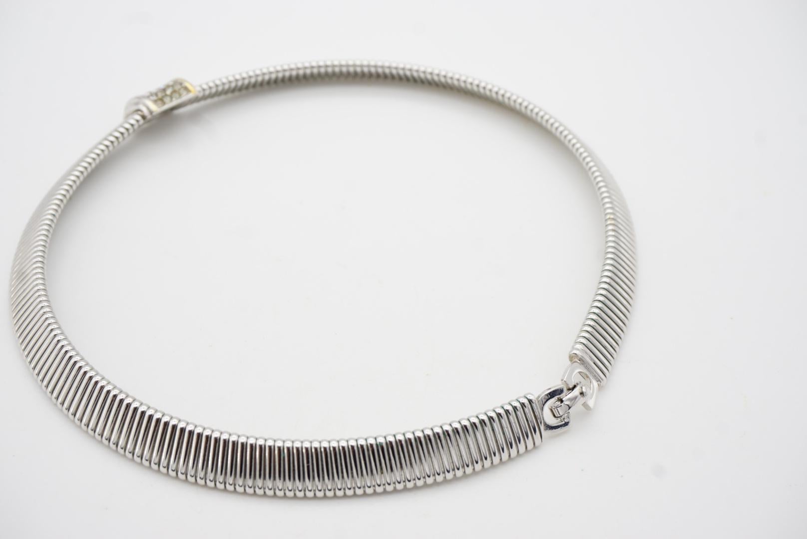 Christian Dior Vintage 1980s Omega Collar Square White Crystals Silver Necklace For Sale 7
