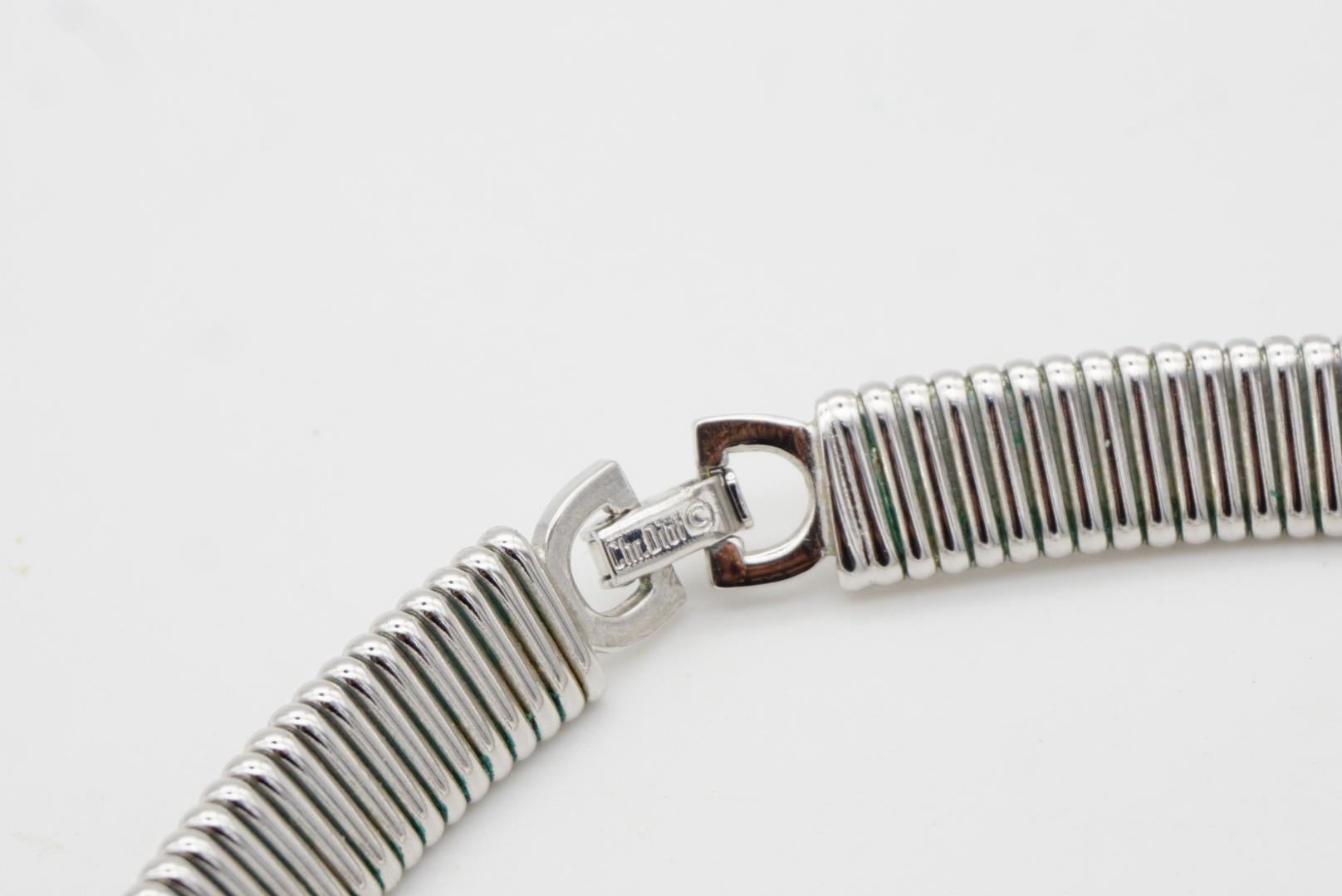 Christian Dior Vintage 1980s Omega Collar Square White Crystals Silver Necklace For Sale 9