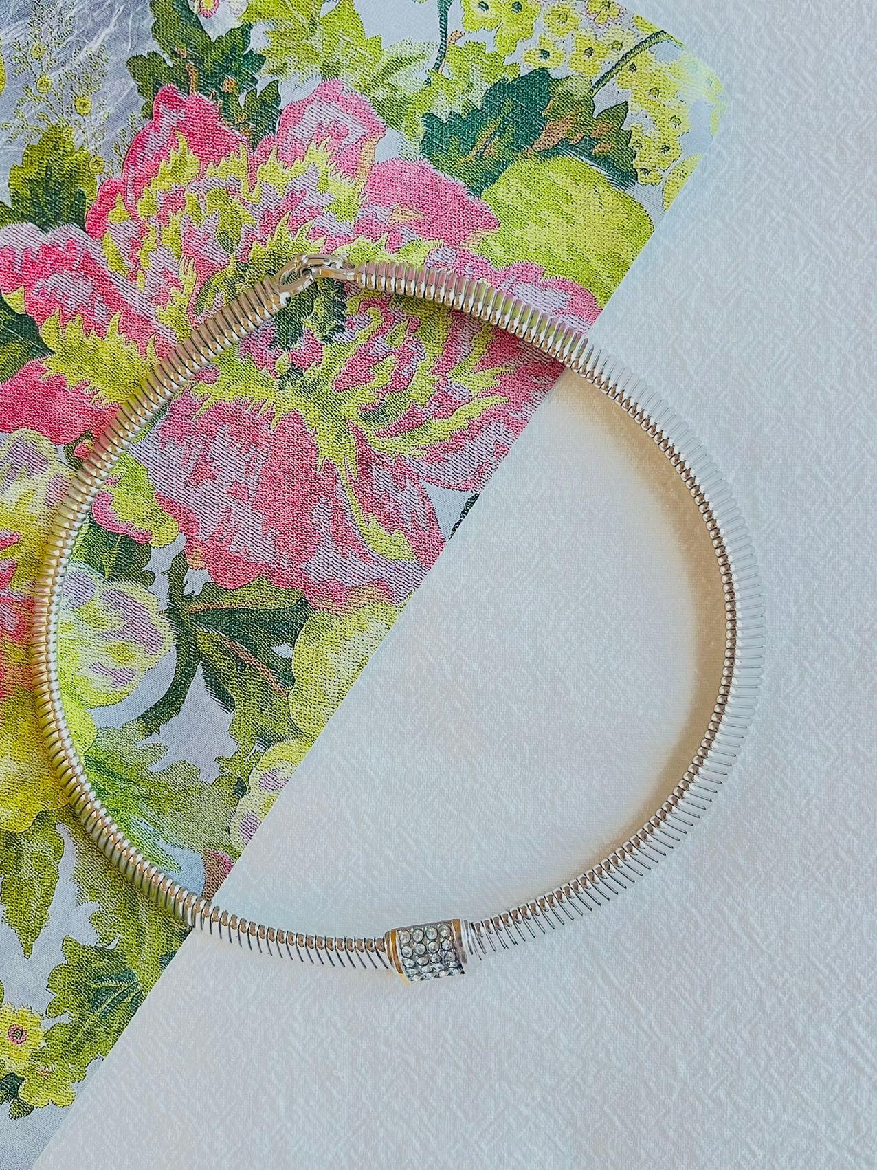 Christian Dior Vintage 1980s Omega Collar Square White Crystals Silver Necklace In Good Condition For Sale In Wokingham, England