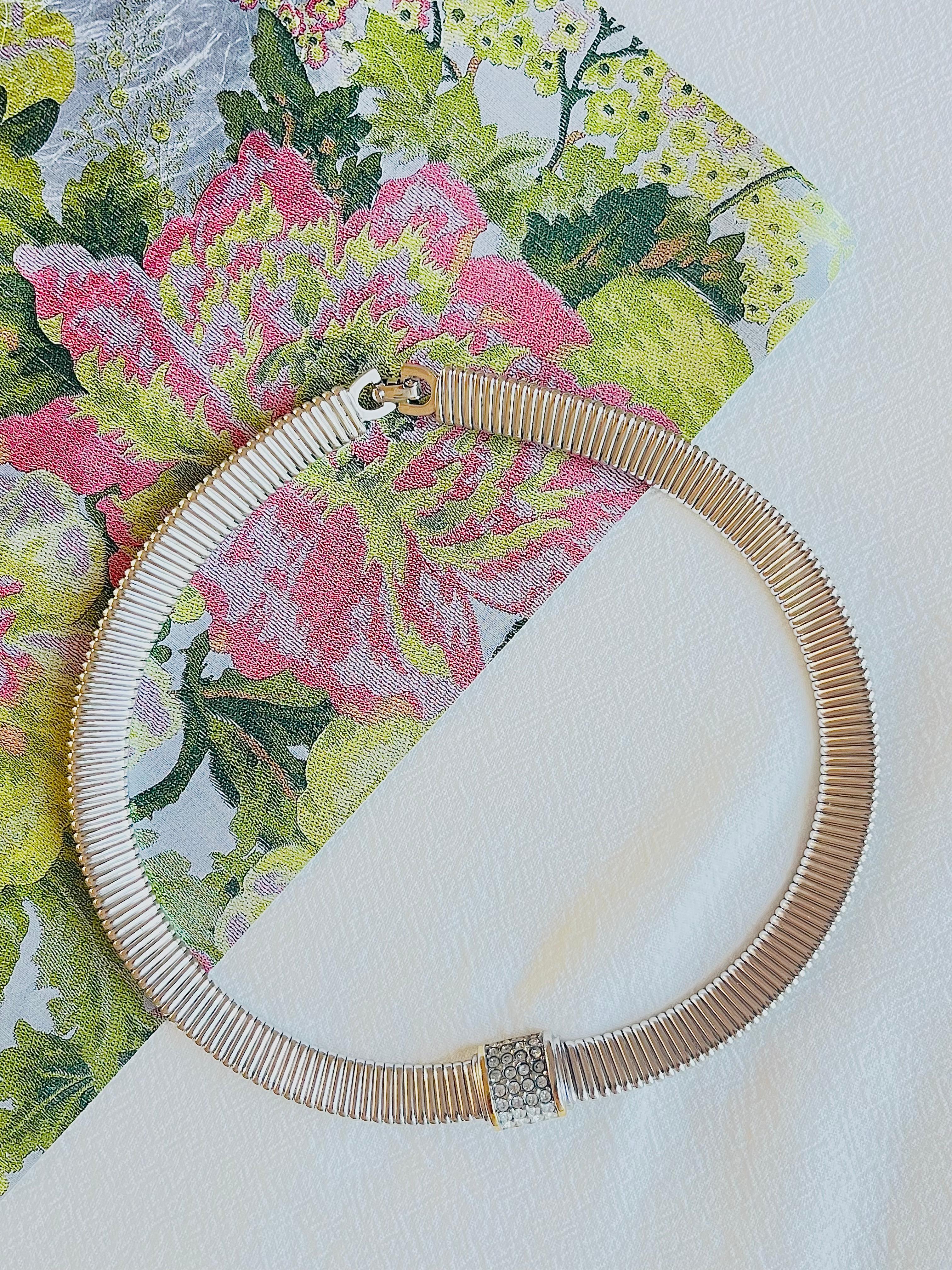 Women's or Men's Christian Dior Vintage 1980s Omega Collar Square White Crystals Silver Necklace For Sale