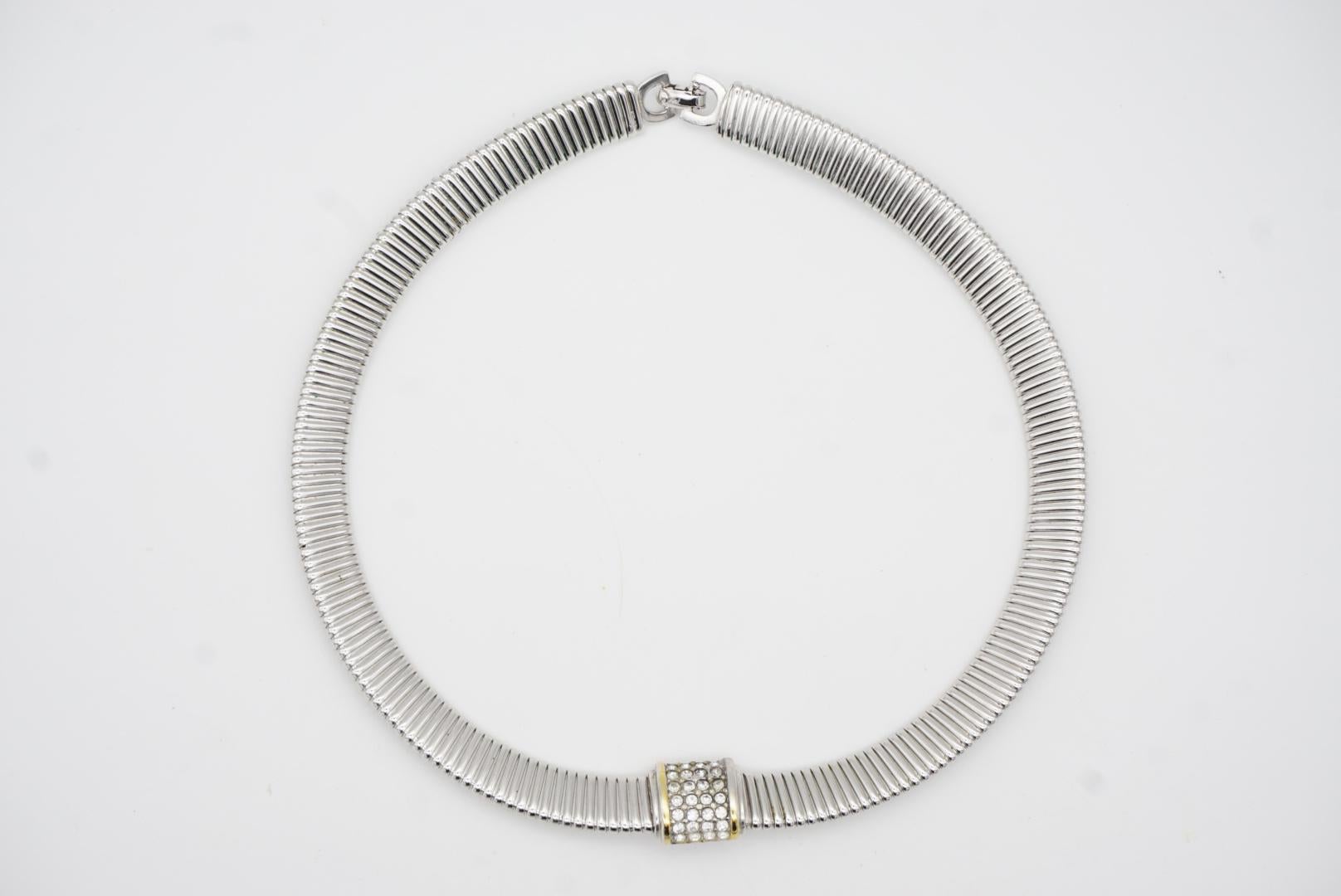 Christian Dior Vintage 1980s Omega Collar Square White Crystals Silver Necklace For Sale 4