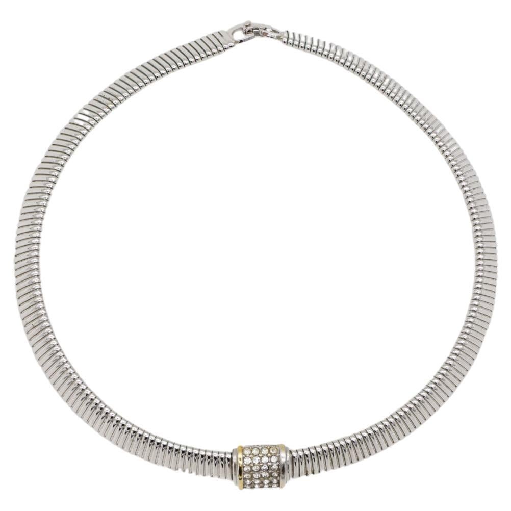 Christian Dior Vintage 1980s Omega Collar Square White Crystals Silver Necklace
