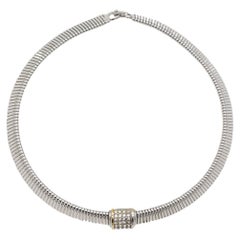 Christian Dior Used 1980s Omega Collar Square White Crystals Silver Necklace