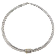 Christian Dior Vintage 1980s Omega Collar Square White Crystals Silver Necklace
