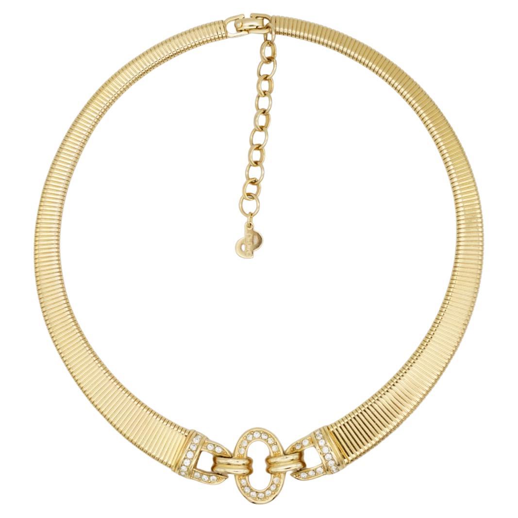 Christian Dior Vintage 1980s Omega Crystals Interlocked Linked Ribbed Necklace For Sale