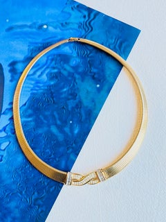 Christian Dior Vintage 1980s Omega Ribbed Interlock Crystal Collar Gold Necklace
