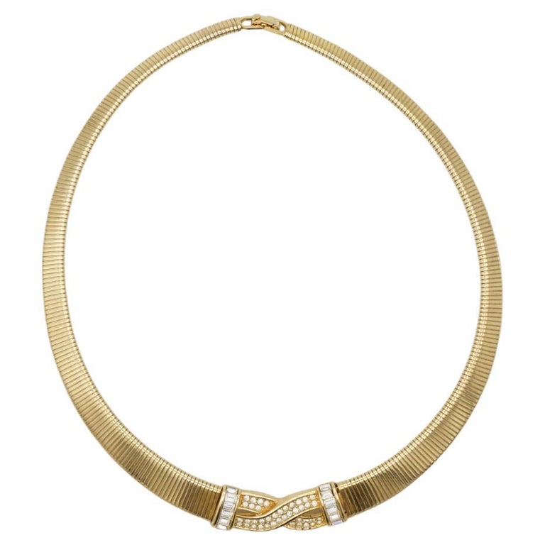 Christian Dior Vintage 1980s Omega Ribbed Interlock Crystal Collar Gold ...