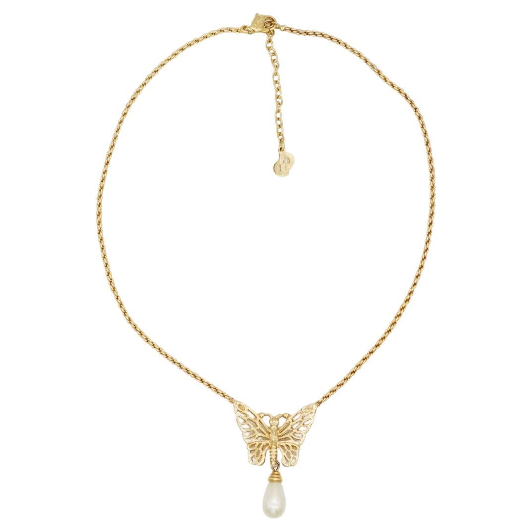 Christian Dior Vintage 1980s Openwork Butterfly White Water Drop Pearl Necklace For Sale