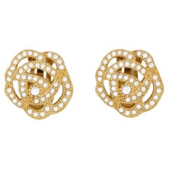 Christian Dior Vintage 1980s Openwork Camellia Rose Crystals Gold Clip Earrings