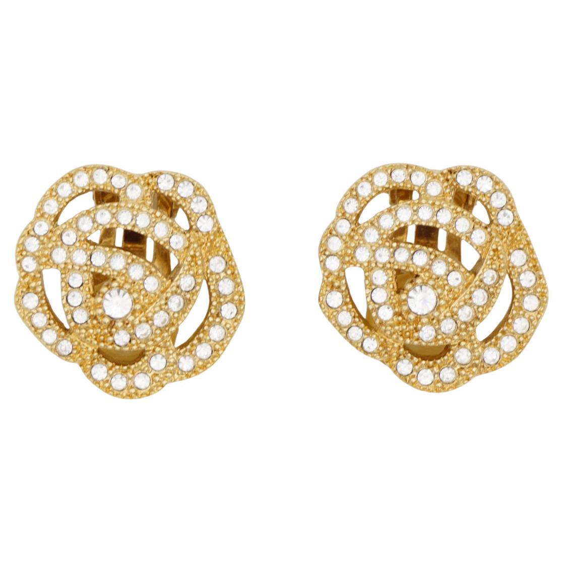 Christian Dior Vintage 1980s Openwork Camellia Rose Crystals Gold Clip Earrings