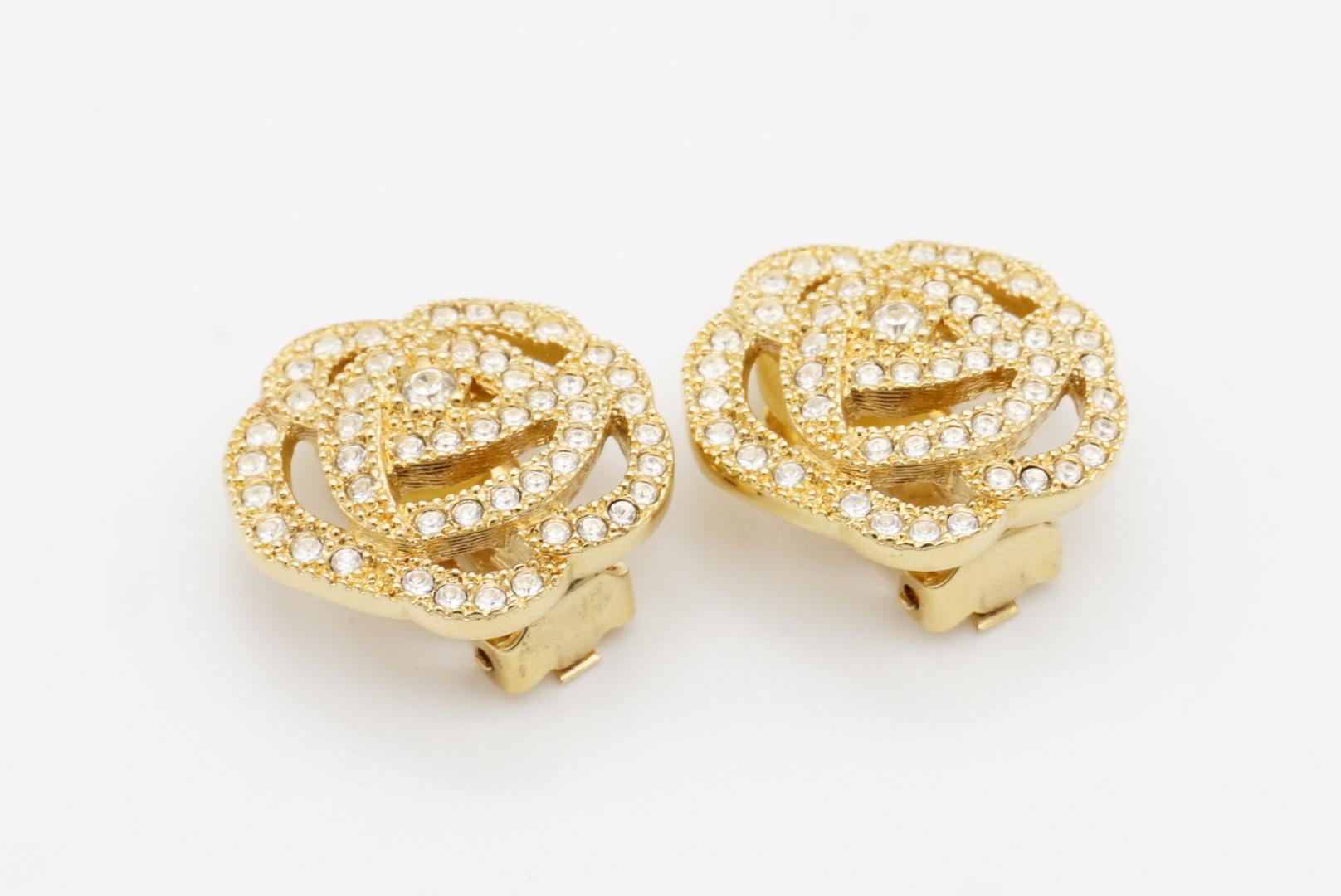 Christian Dior Vintage 1980s Openwork Rose Camellia Crystals Gold Clip Earrings For Sale 5