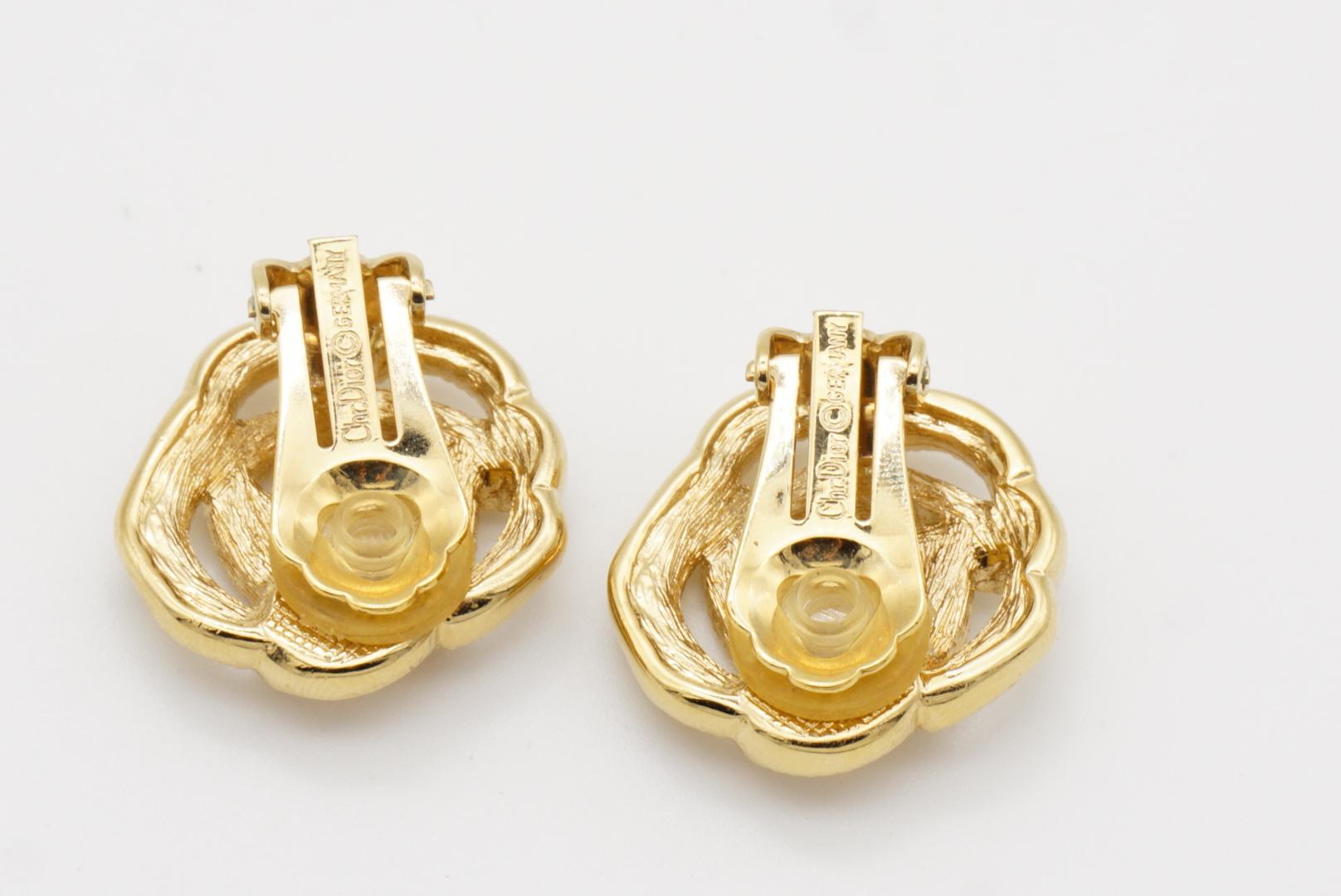 Christian Dior Vintage 1980s Openwork Rose Camellia Crystals Gold Clip Earrings For Sale 6