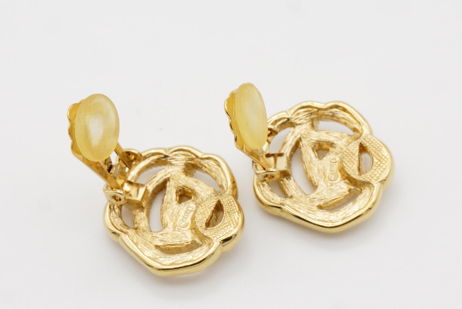 Christian Dior Vintage 1980s Openwork Rose Camellia Crystals Gold Clip Earrings For Sale 7