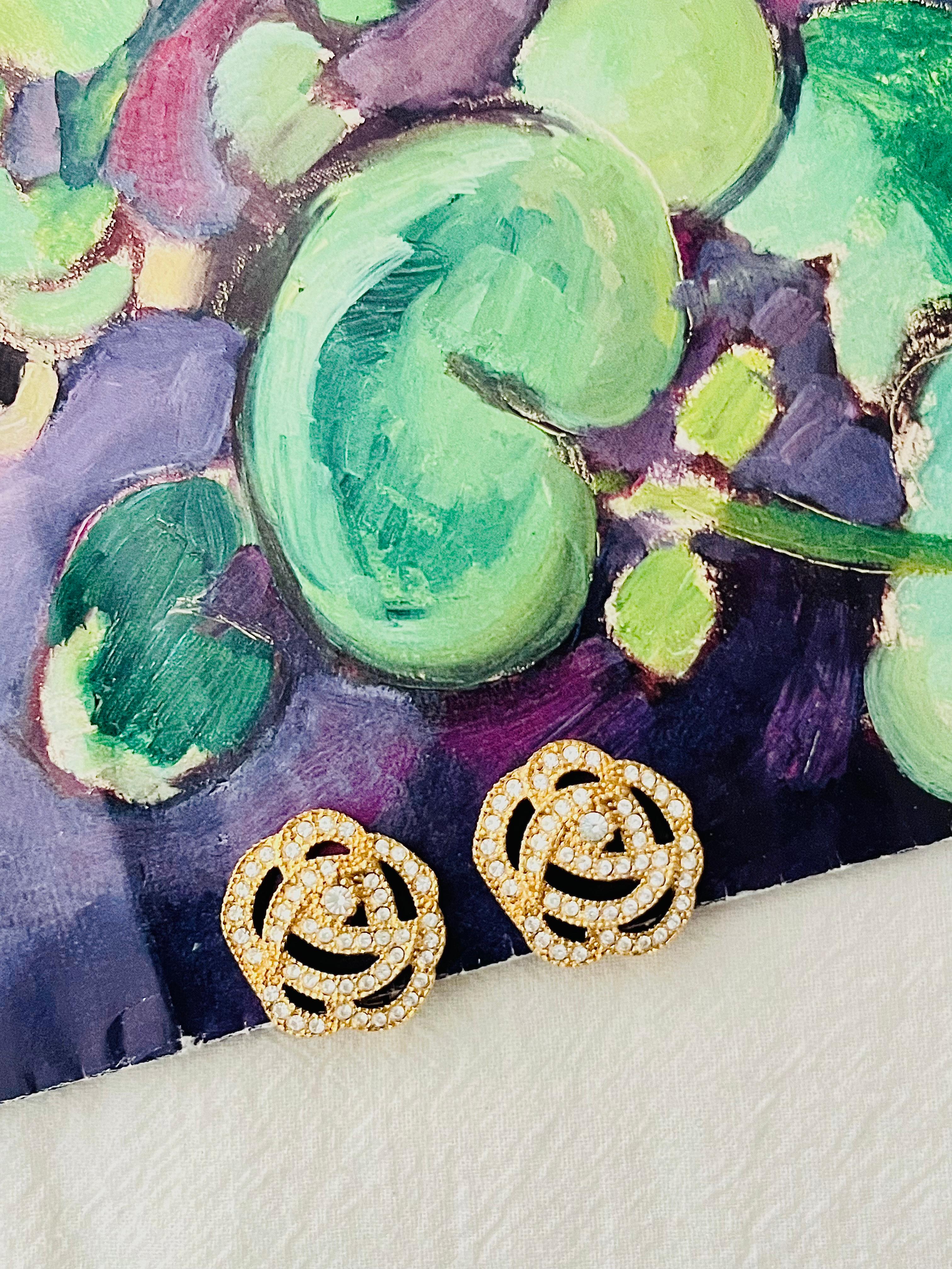 Art Deco Christian Dior Vintage 1980s Openwork Rose Camellia Crystals Gold Clip Earrings For Sale