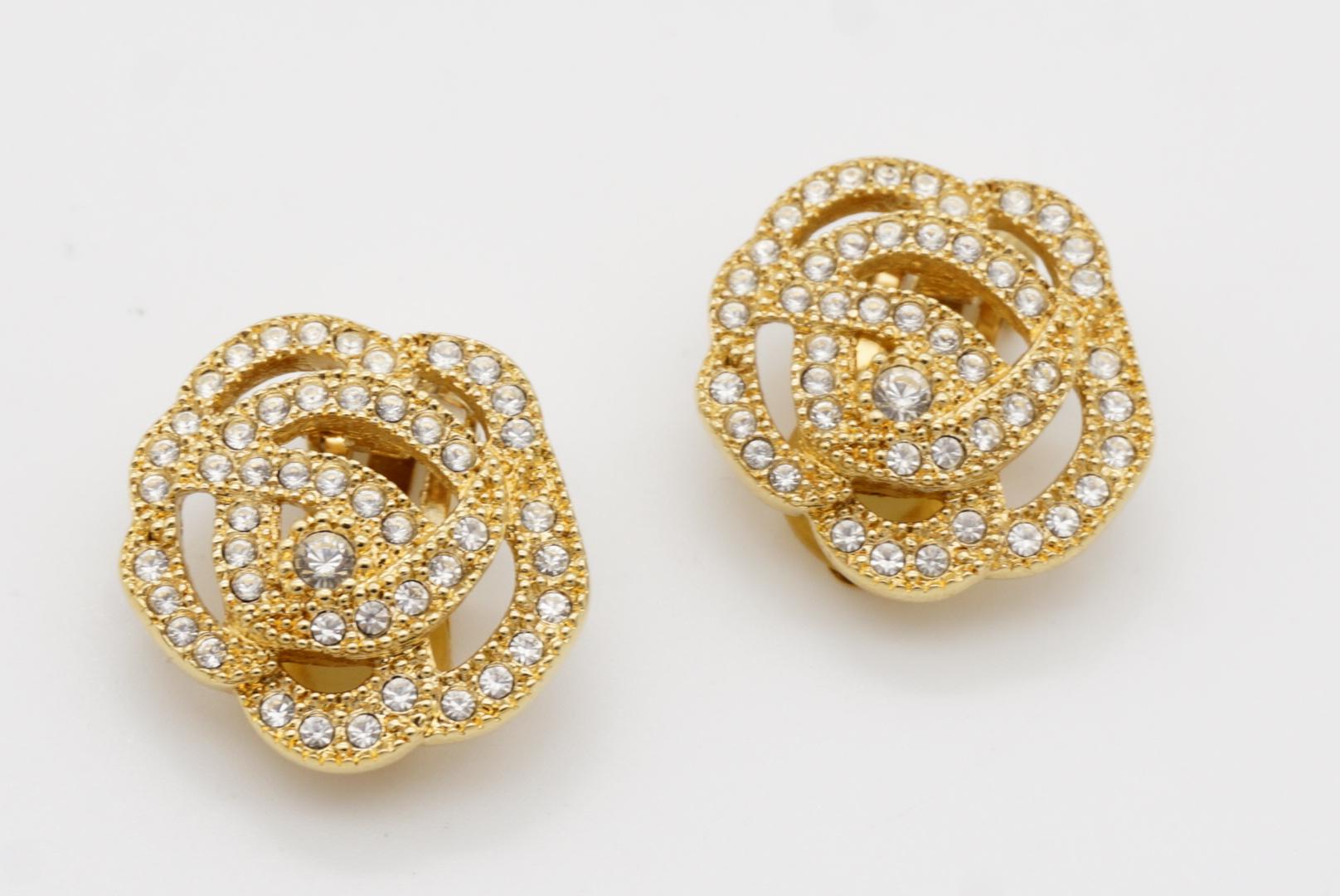 Christian Dior Vintage 1980s Openwork Rose Camellia Crystals Gold Clip Earrings For Sale 3