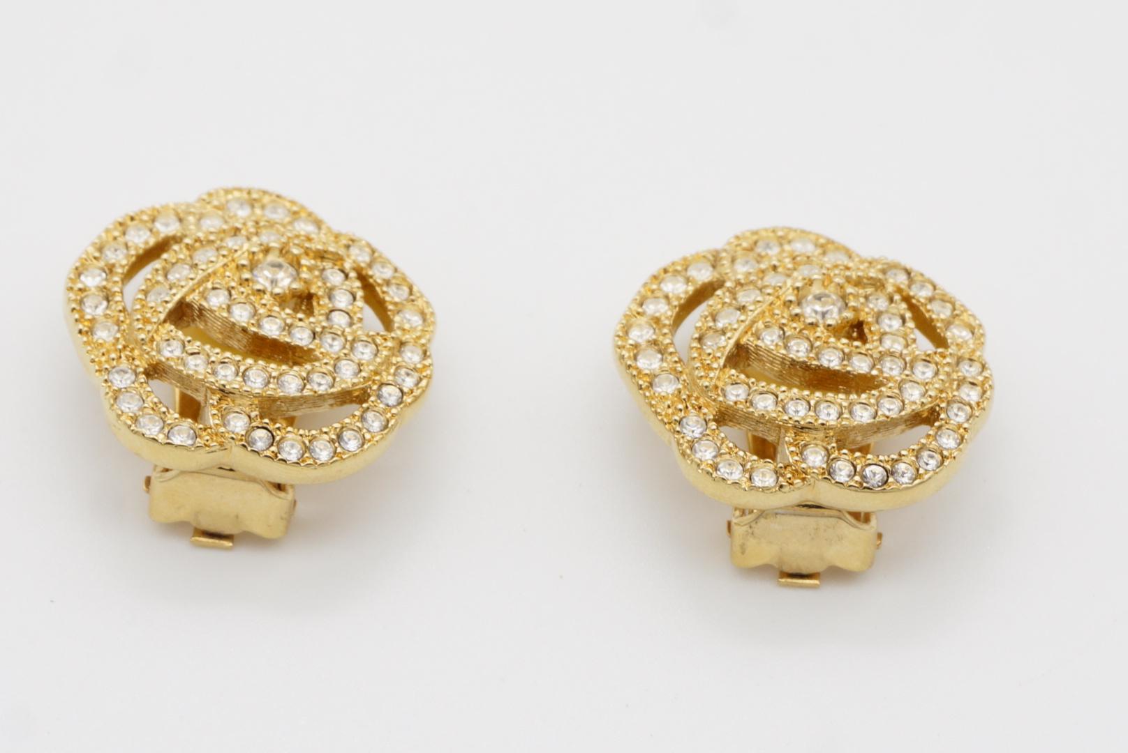Christian Dior Vintage 1980s Openwork Rose Camellia Crystals Gold Clip Earrings For Sale 4