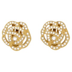 Christian Dior Vintage 1980 Boucles d'oreilles ajourées Rose Camélia Crystals Gold Clip