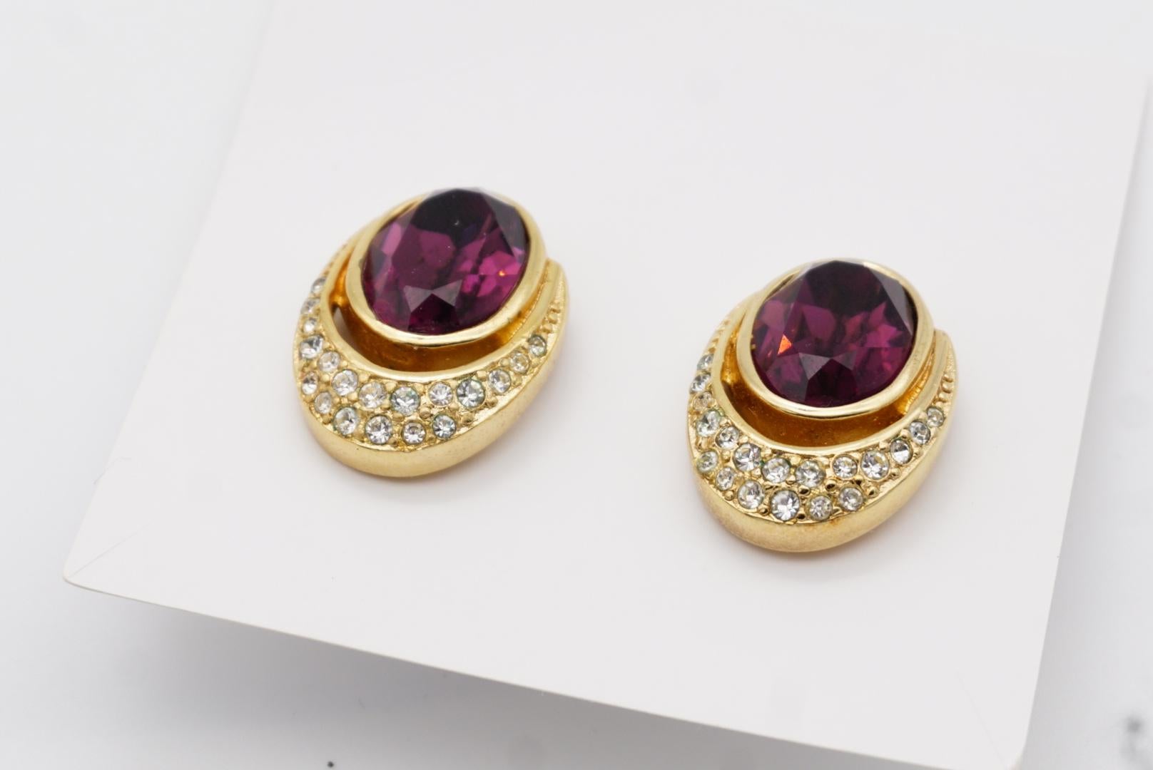 Christian Dior Vintage 1980s Oval Crystals Amethyst Purple Openwork Earrings 5