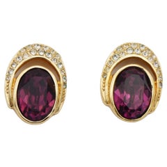 Christian Dior Vintage 1980s Oval Crystals Amethyst Purple Openwork Earrings