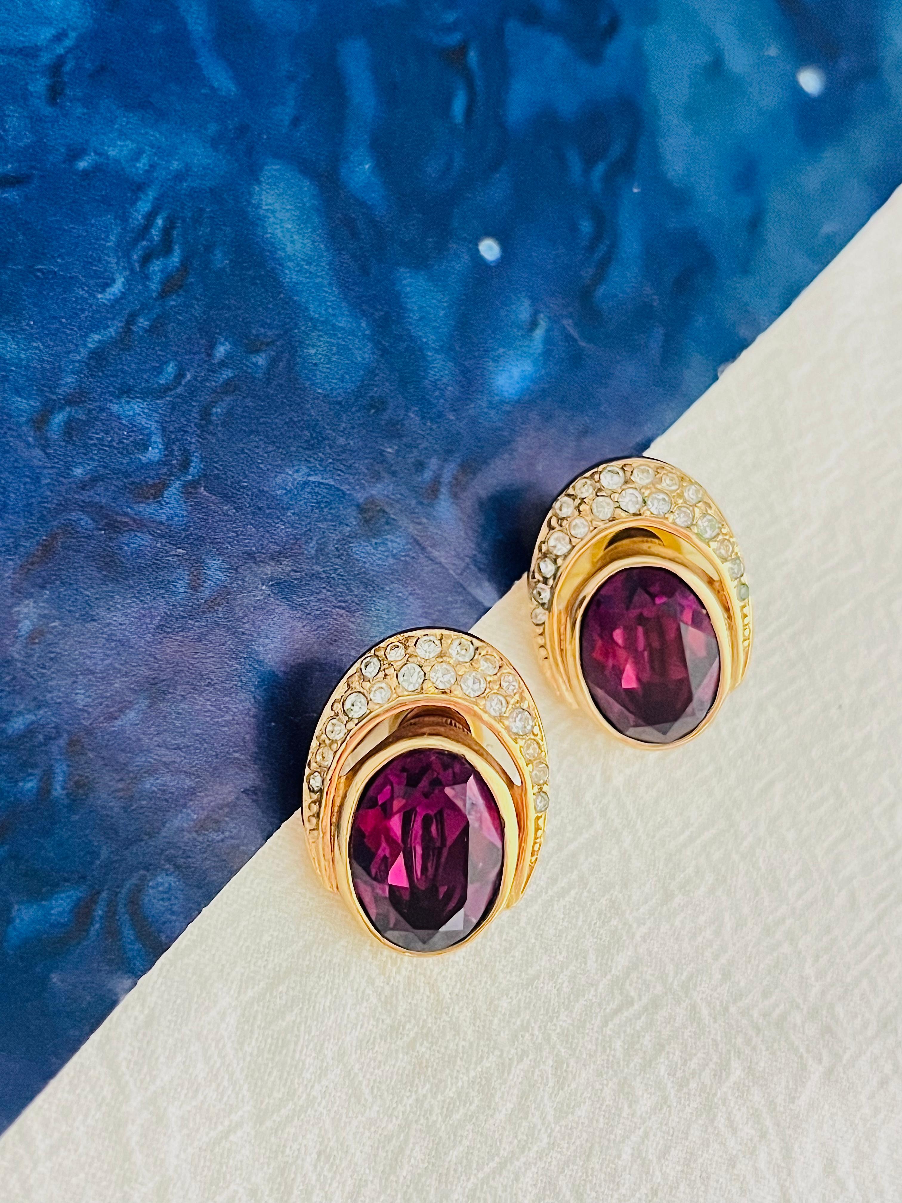 Christian Dior Vintage 1980s Oval Crystals Amethyst Purple Openwork Earrings In Good Condition For Sale In Wokingham, England