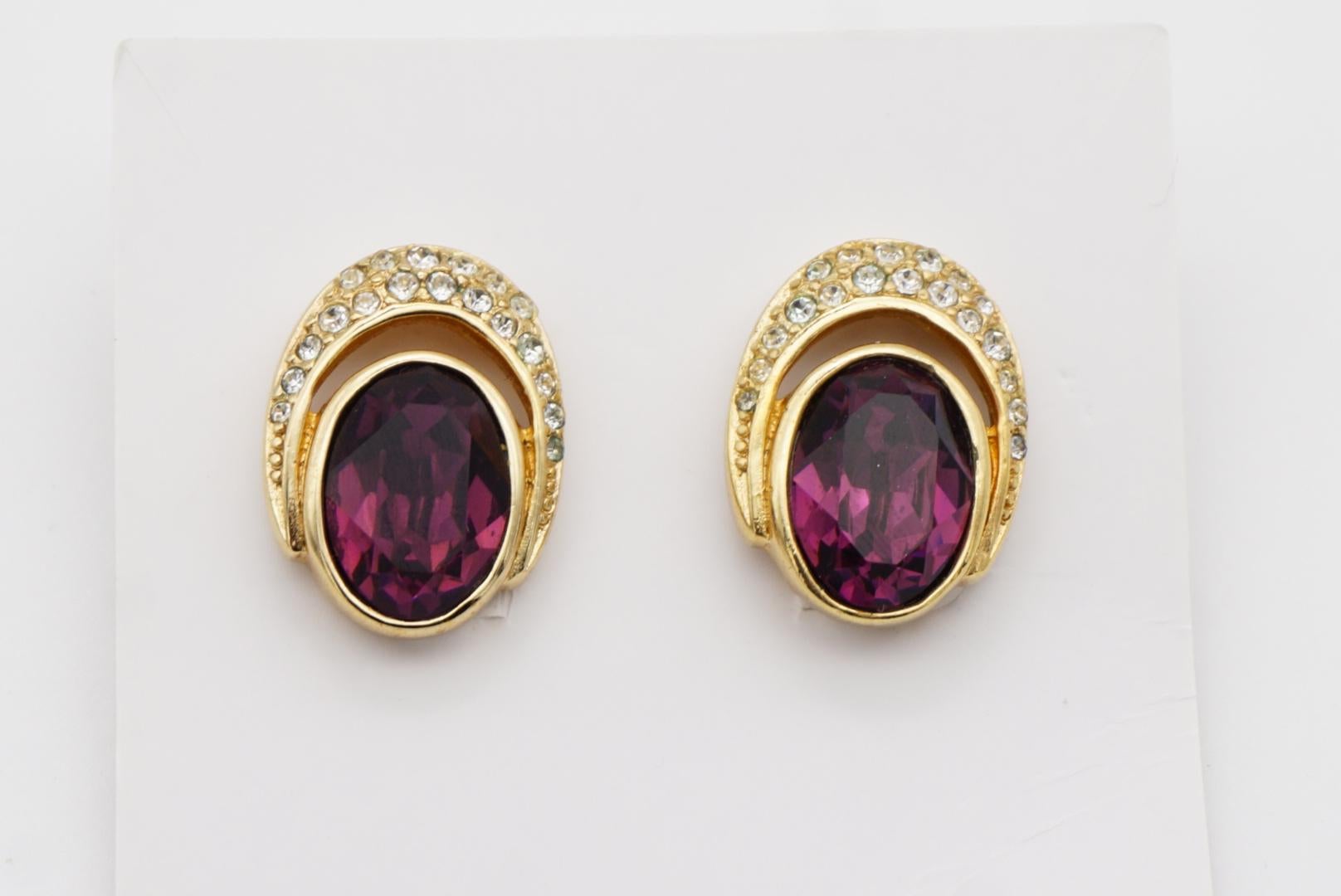 Christian Dior Vintage 1980s Oval Crystals Amethyst Purple Openwork Earrings 3