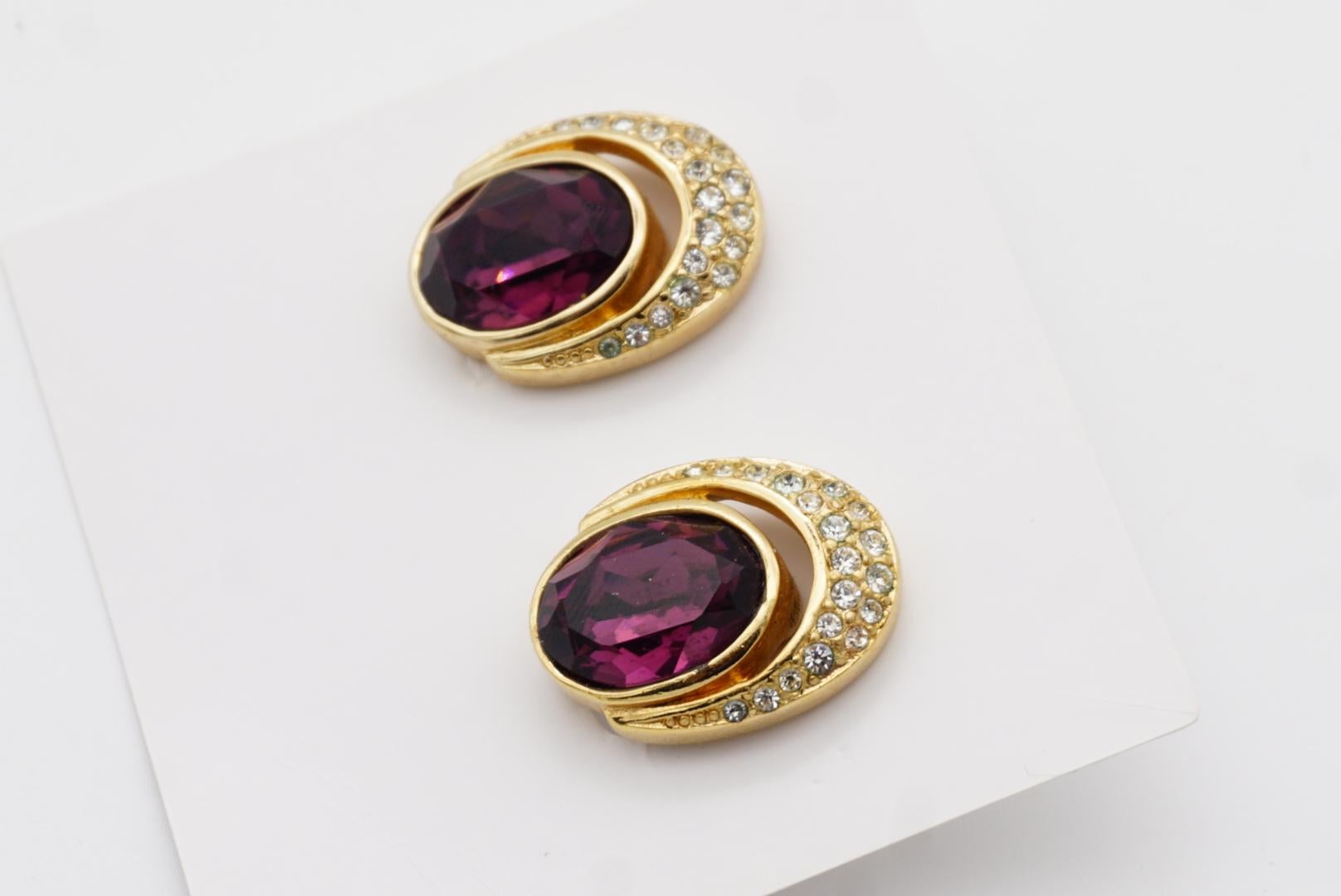Christian Dior Vintage 1980s Oval Crystals Amethyst Purple Openwork Earrings 4