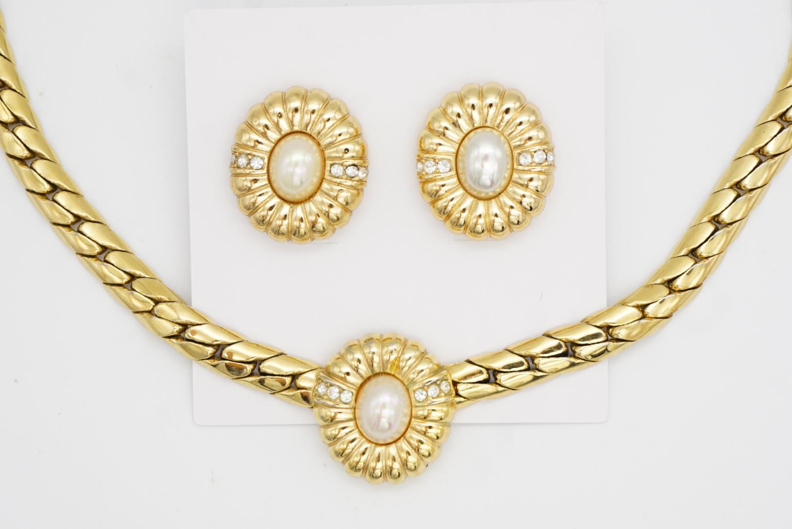 Christian Dior Vintage 1980s Oval Flower Pearls Crystals Set Necklace Earrings For Sale 5