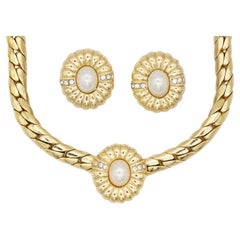 Christian Dior Vintage 1980s Oval Flower Pearls Crystals Set Necklace Earrings