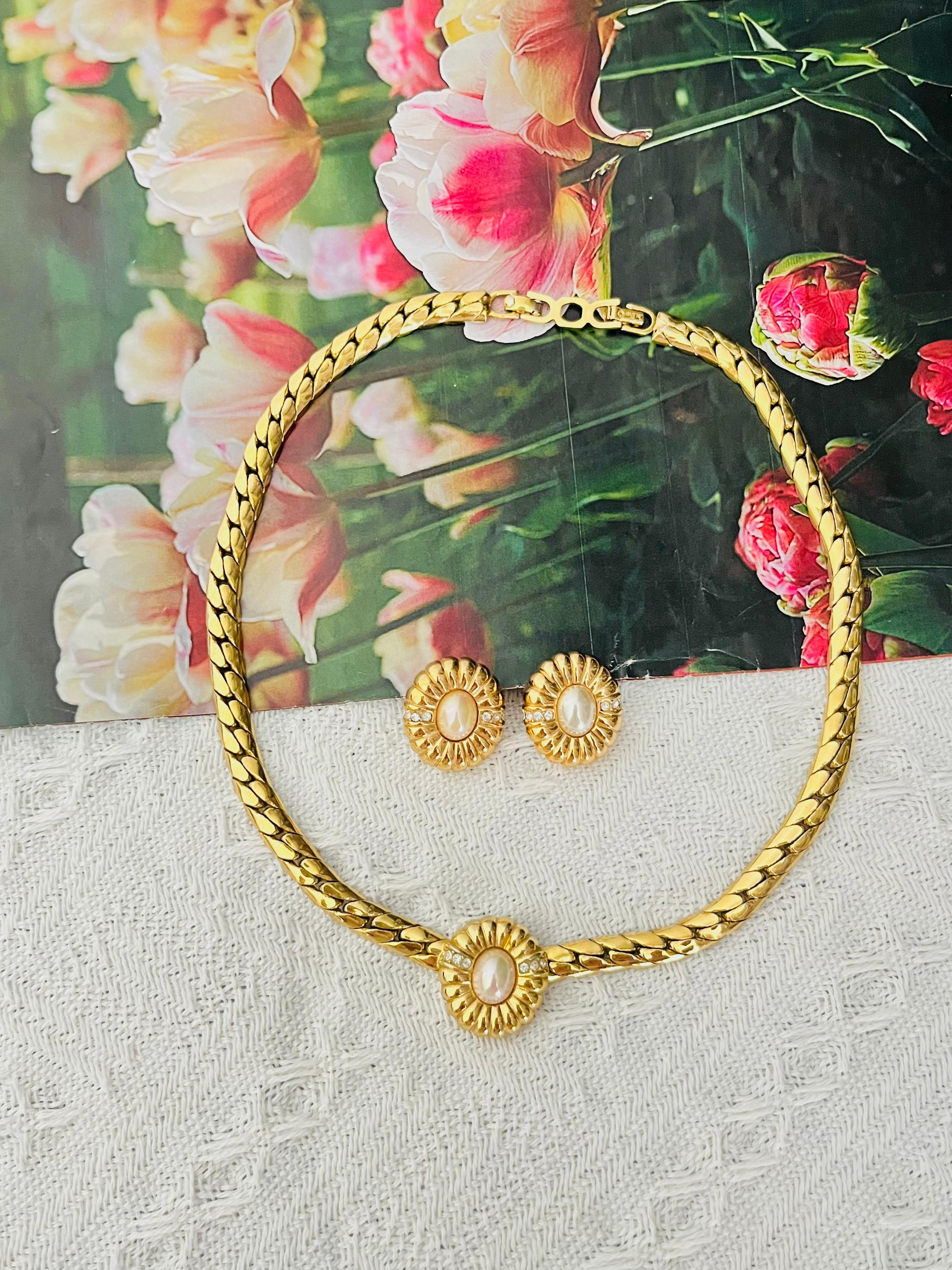 Art Deco Christian Dior Vintage 1980s Oval Flower Pearls Crystals Set Necklace Earrings For Sale