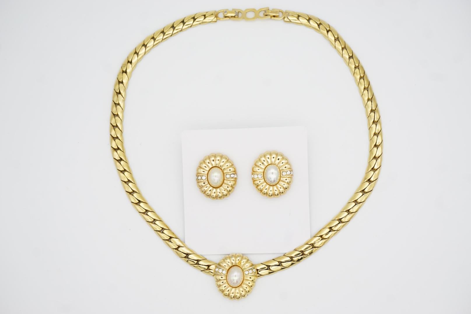 Christian Dior Vintage 1980s Oval Flower Pearls Crystals Set Necklace Earrings For Sale 4