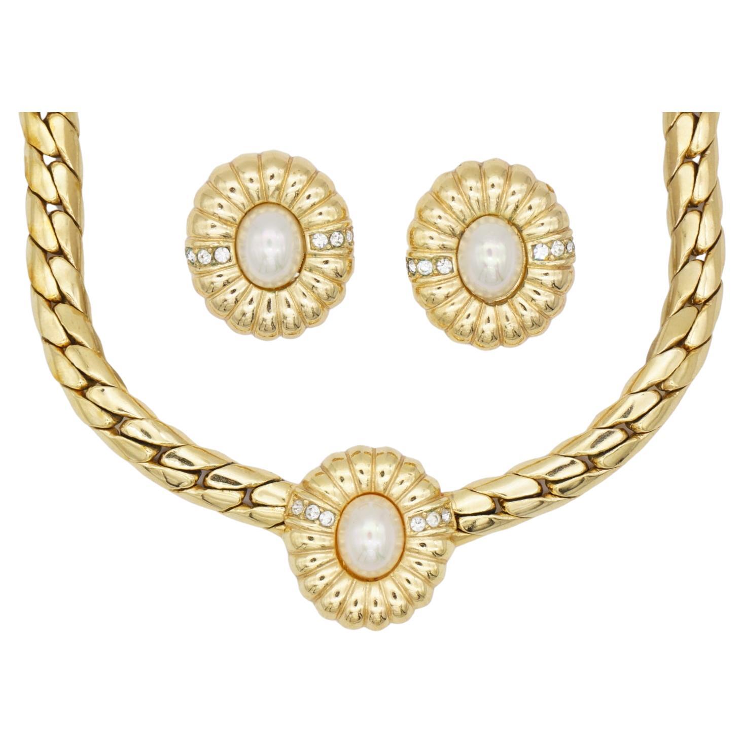 Christian Dior Vintage 1980s Oval Flower Pearls Crystals Set Necklace Earrings For Sale