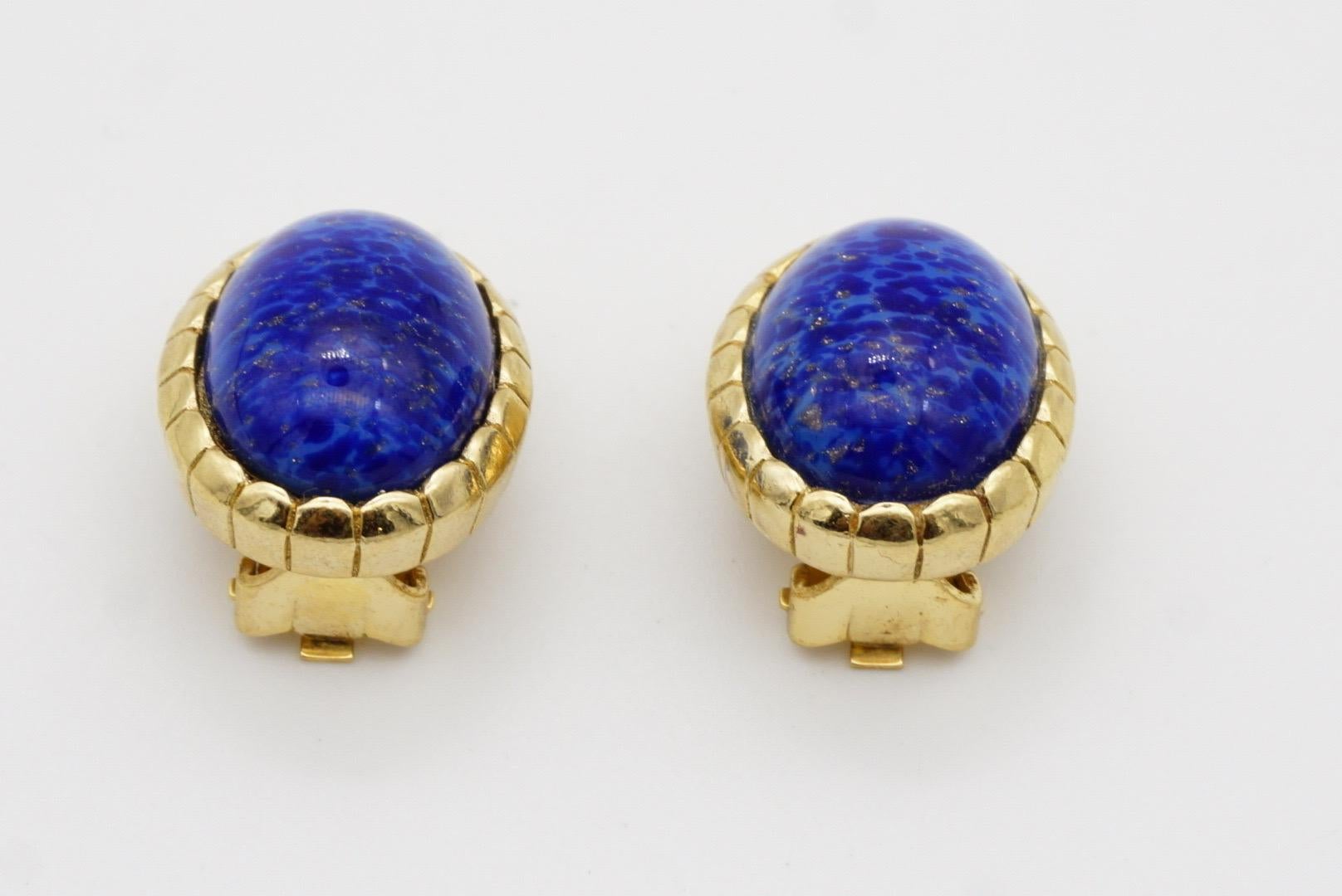 Christian Dior Vintage 1980s Oval Lapis Navy Blue Cabochon Foil Clip Earrings For Sale 5