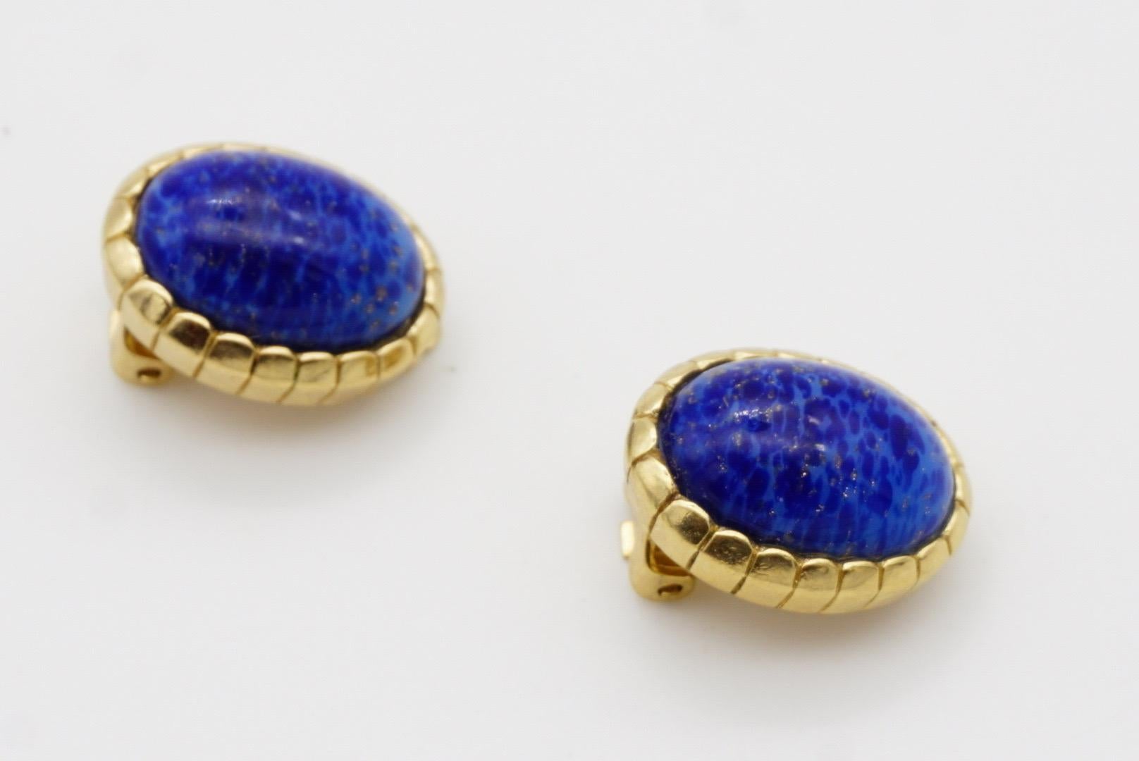 Christian Dior Vintage 1980s Oval Lapis Navy Blue Cabochon Foil Clip Earrings For Sale 6