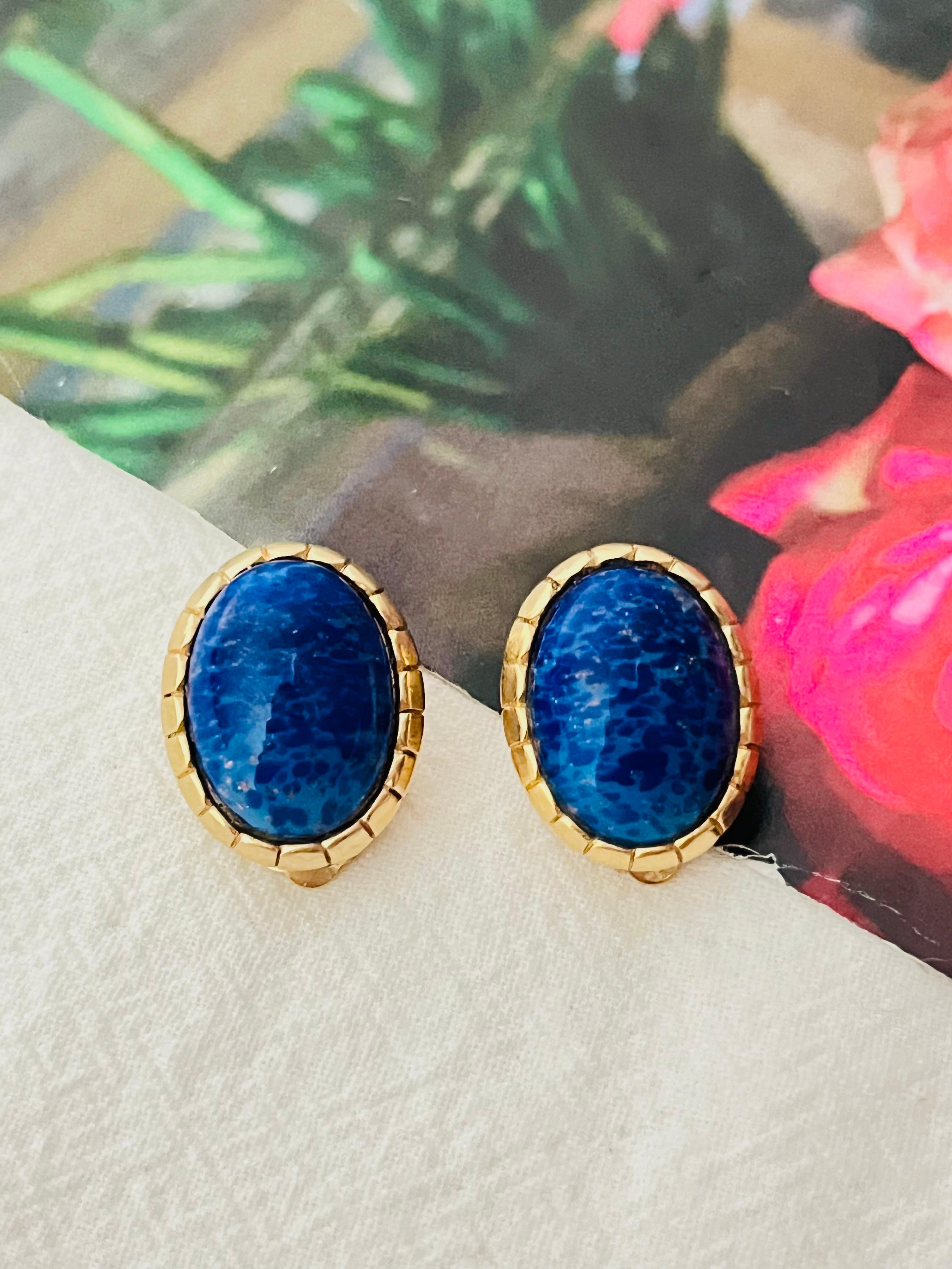 Art Deco Christian Dior Vintage 1980s Oval Lapis Navy Blue Cabochon Foil Clip Earrings For Sale