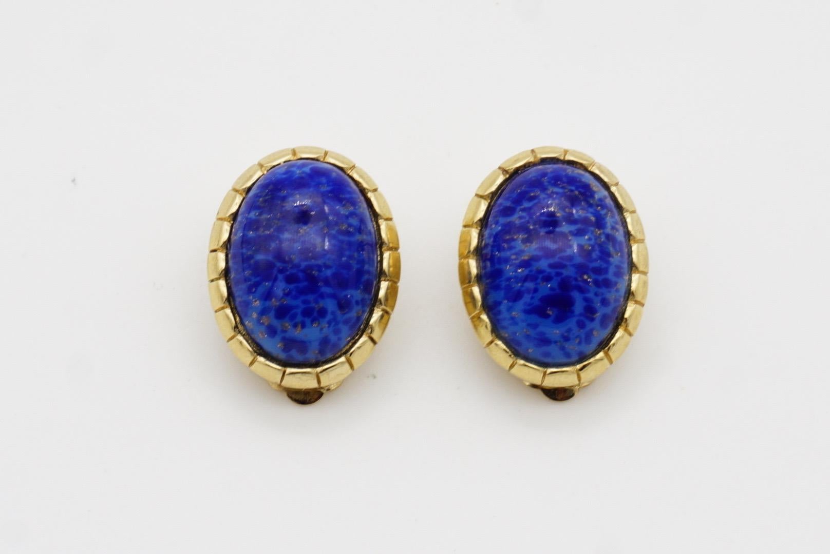 Christian Dior Vintage 1980s Oval Lapis Navy Blue Cabochon Foil Clip Earrings For Sale 3