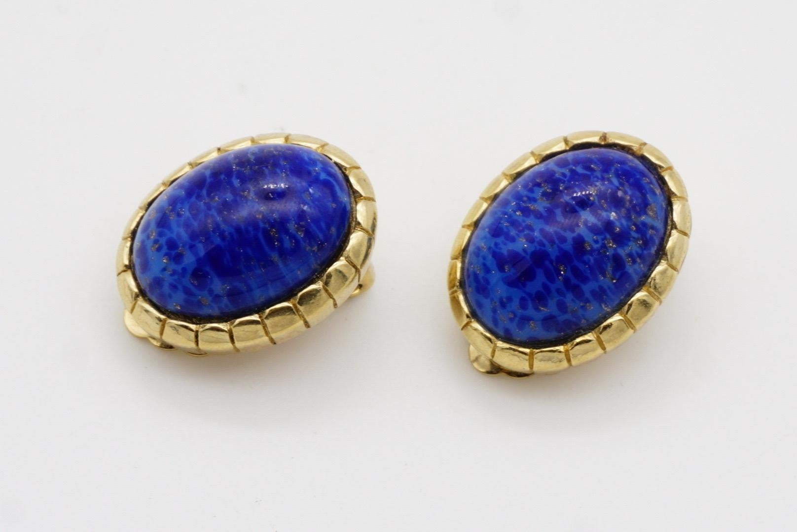 Christian Dior Vintage 1980s Oval Lapis Navy Blue Cabochon Foil Clip Earrings For Sale 4