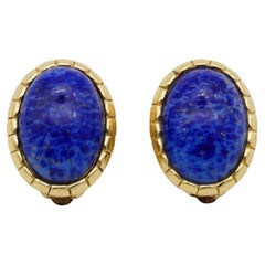 Christian Dior Vintage 1980 Boucles d'oreilles Clip Lapis ovale bleu marine Cabochon en feuille