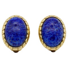 Christian Dior Vintage 1980s Oval Lapis Navy Blue Cabochon Foil Clip Earrings