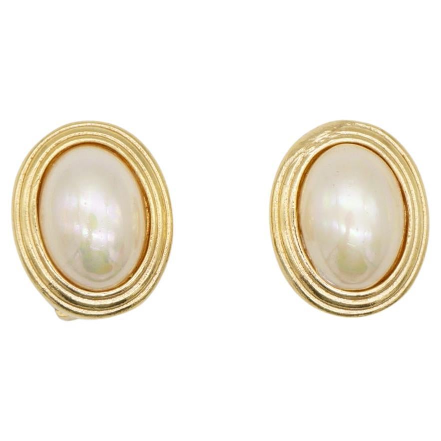 Christian Dior Vintage 1980s Oval Large White Pearl Retro Elegant Clip Earrings For Sale