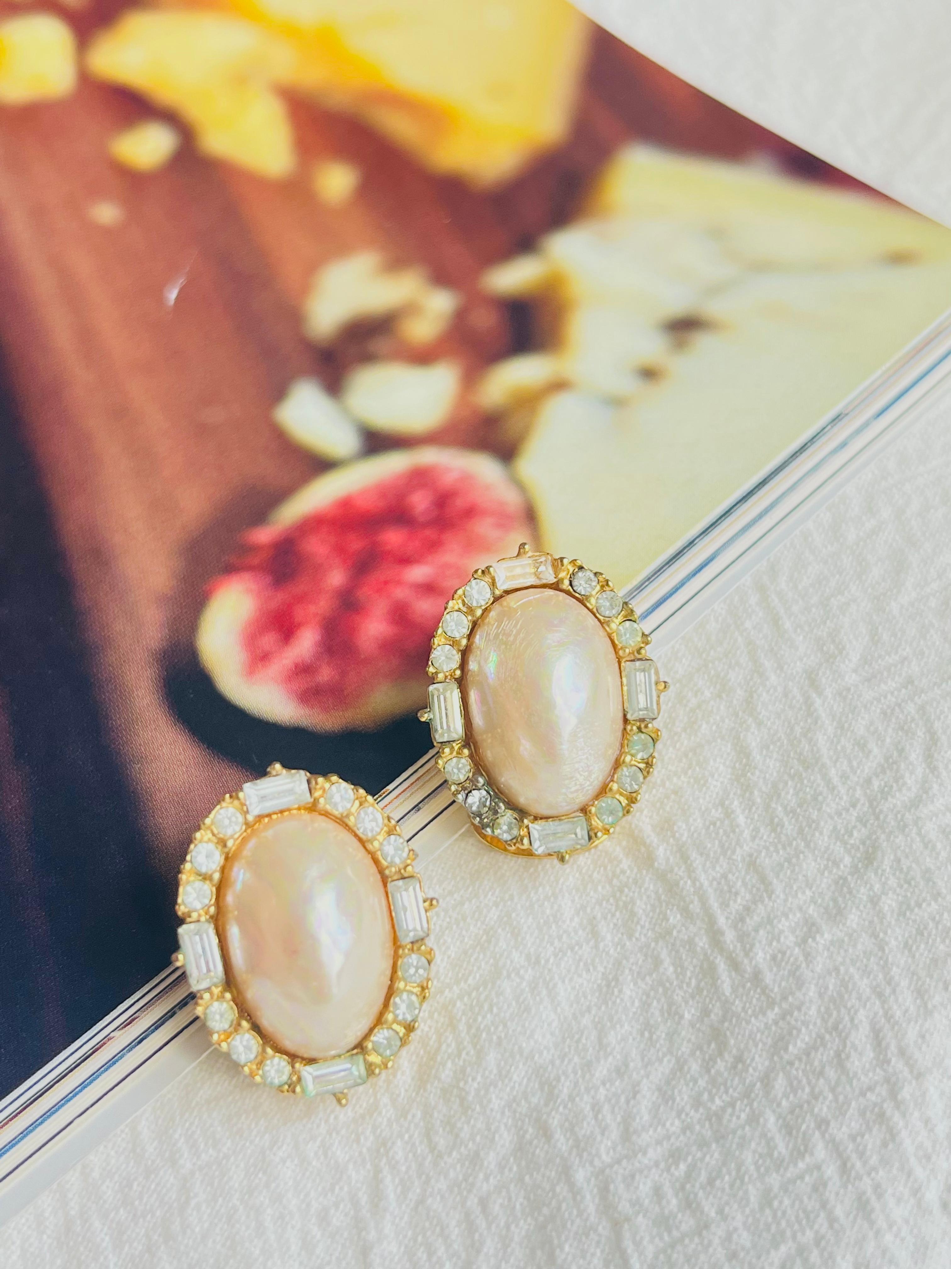 Art Deco Christian Dior Vintage 1980s Oval Pearl Circle Rectangle Crystals Clip Earrings For Sale