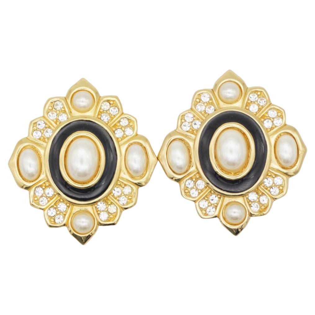 Christian Dior Vintage 1980s Oval Pearl Crystal Baroque Sunburst Black Earrings For Sale