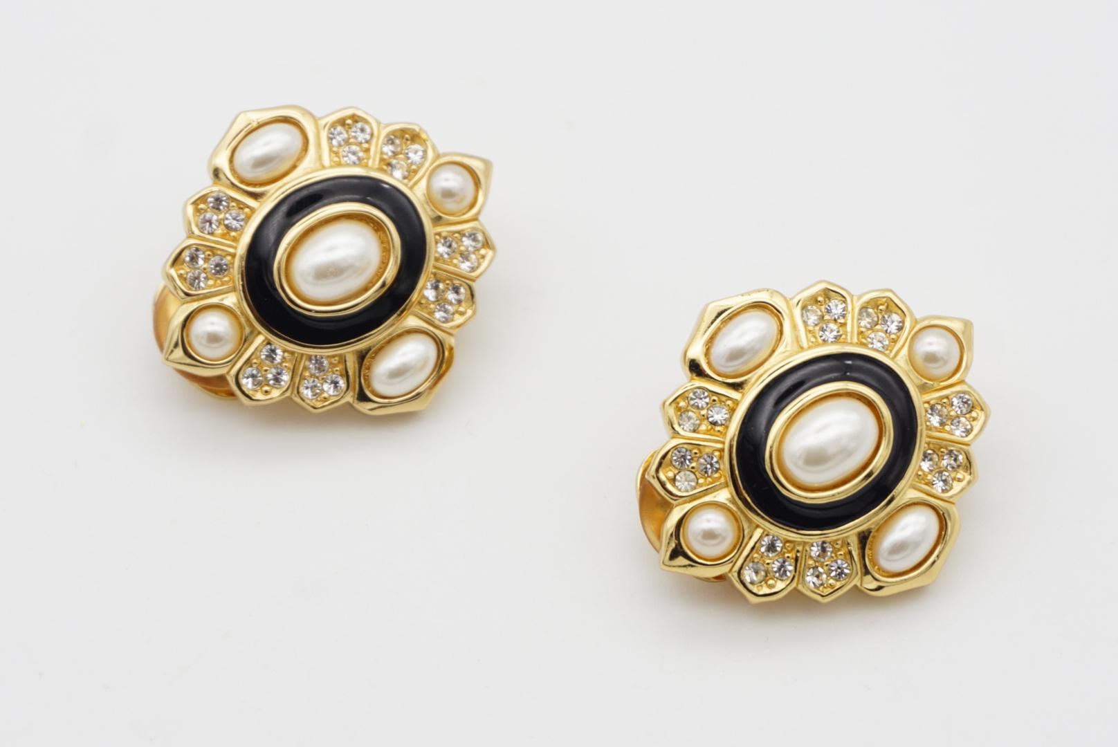 Christian Dior Vintage 1980s Oval Pearl Crystal Black Enamel Gold Clip Earrings For Sale 2