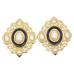 Christian Dior Vintage 1980s Oval Pearl Crystal Black Enamel Gold Clip Earrings